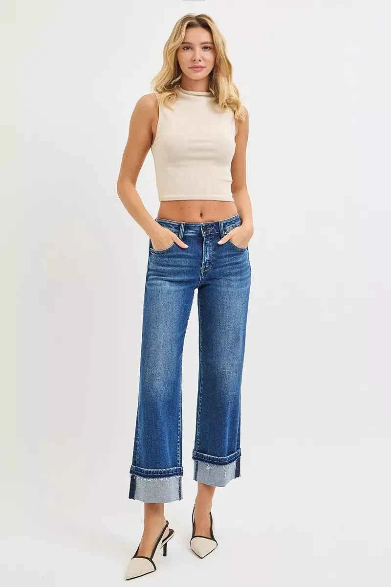 RISEN Mid Rise Ankle Straight Jeans with Cuffed Hem RISEN Mid Rise Ankle Straight Jeans with Cuffed Hem