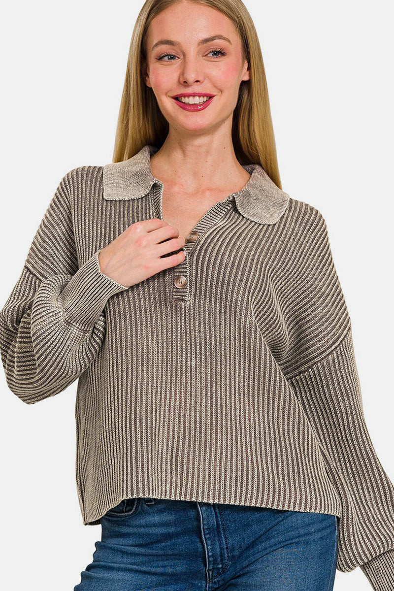 Zenana Washed Half Button Long Sleeve Sweater Zenana Washed Half Button Long Sleeve Sweater - TopFashionHQ