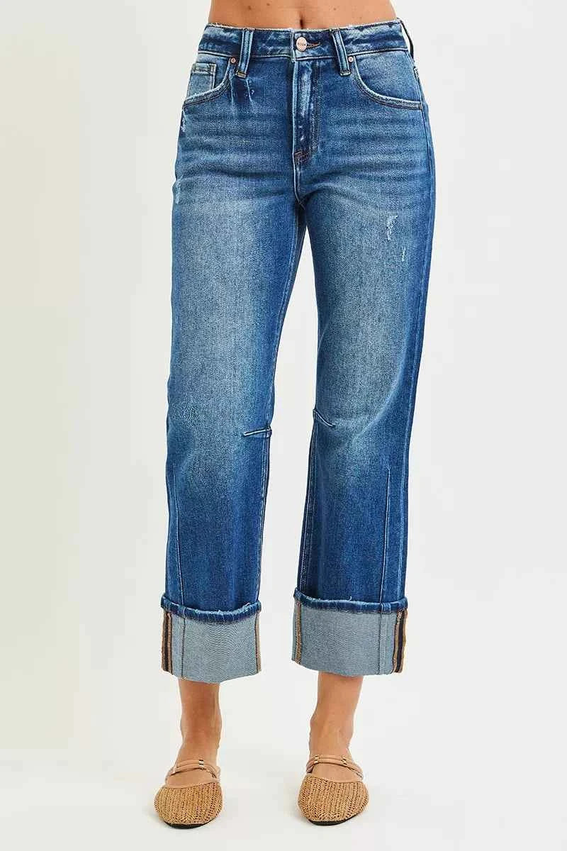 RISEN High Rise Straight Jeans with Distressed Hem RISEN High Rise Straight Jeans with Distressed Hem