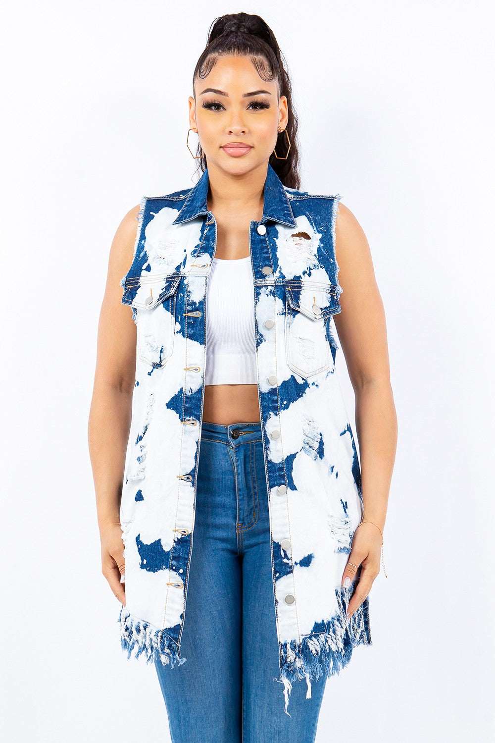 American Bazi Distressed Frayed Edge Longline Denim Vest American Bazi Distressed Frayed Edge Longline Denim Vest