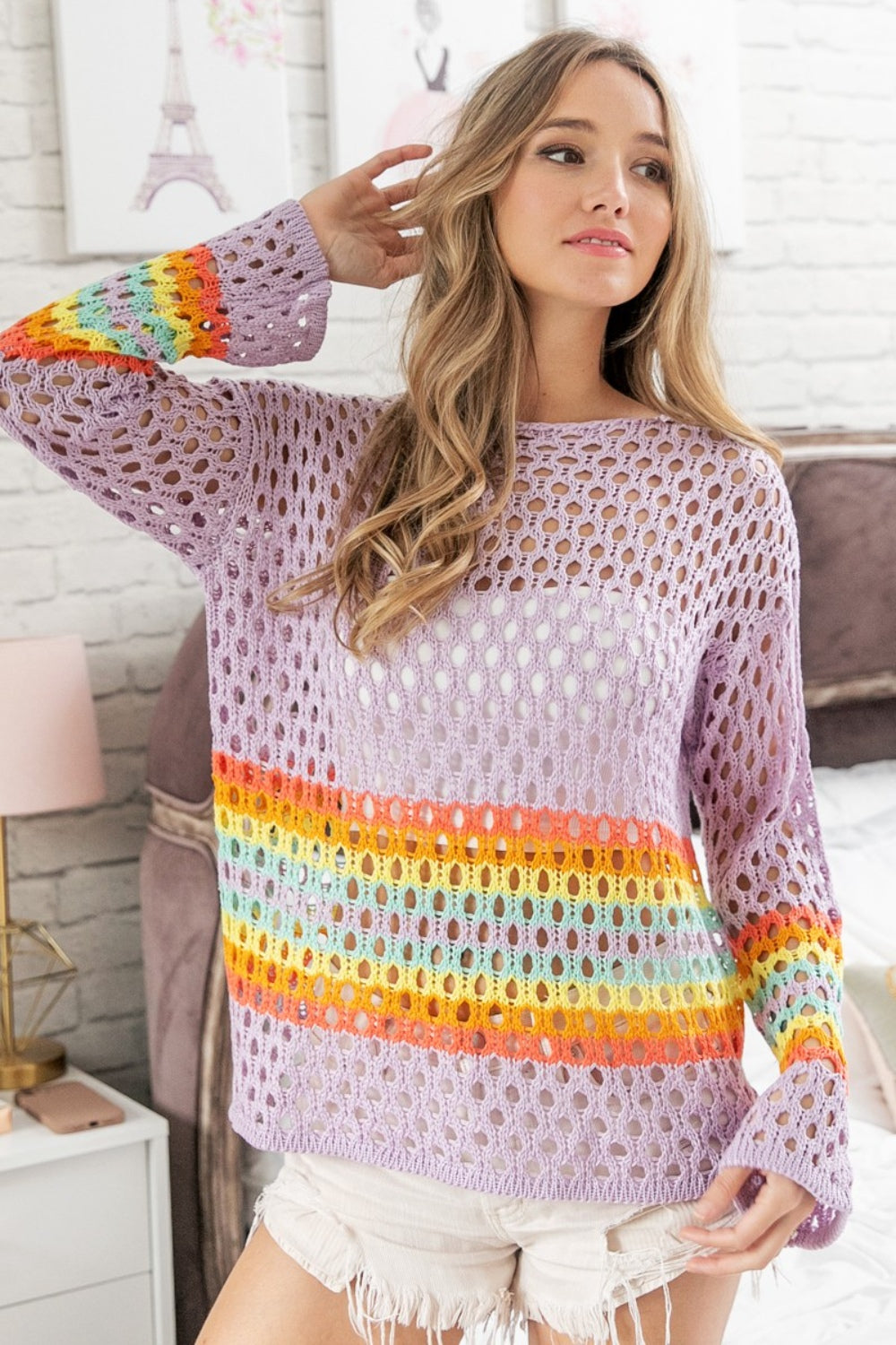 BiBi Rainbow Stripe Hollow Out Cover Up BiBi Rainbow Stripe Hollow Out Cover Up - TopFashionHQ