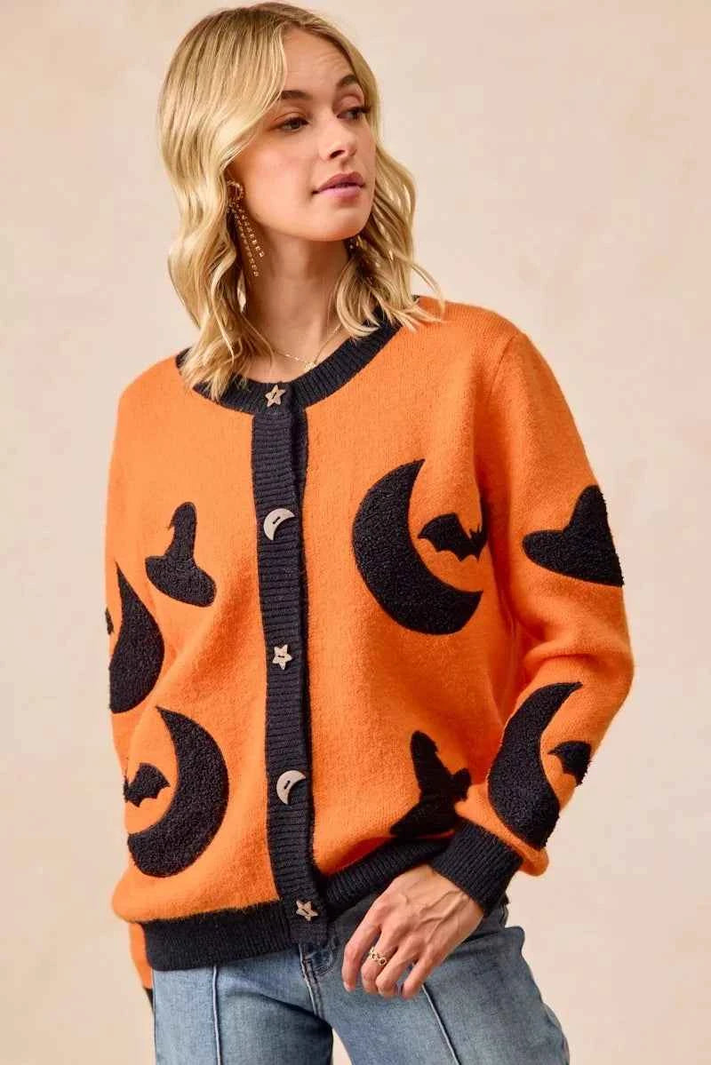 BiBi Halloween Witch Hat Moon Bat Artwork Cardigan BiBi Halloween Witch Hat Moon Bat Artwork Cardigan
