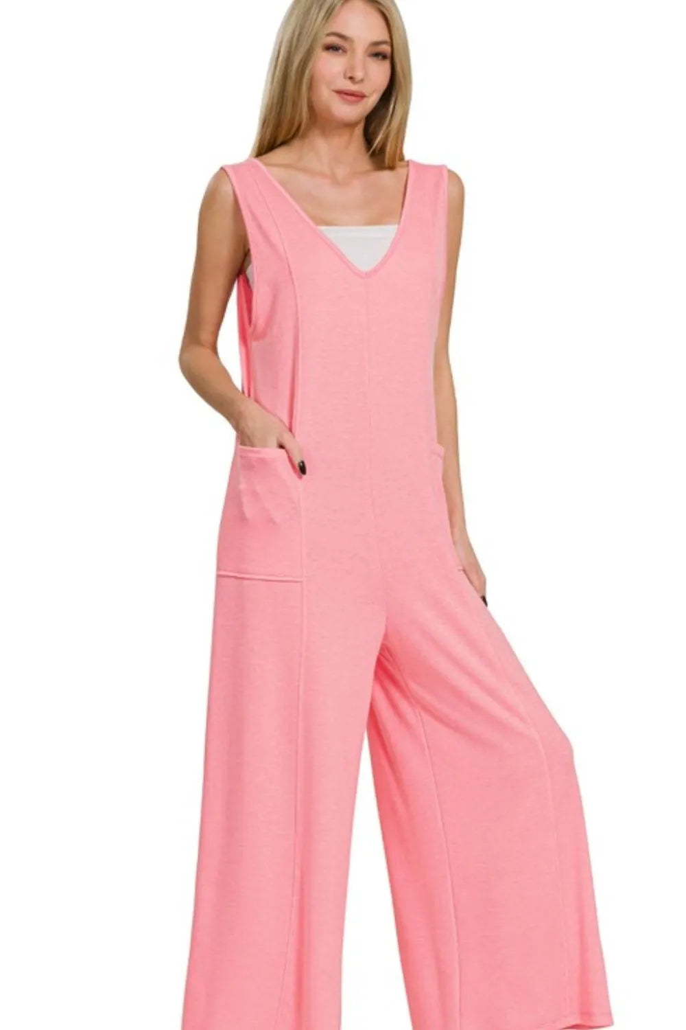 Zenana French Terry Deep V Neck Jumpsuits 7696aaca-6017-4b01-9d0b-7dc703644ee2-Max-Origin