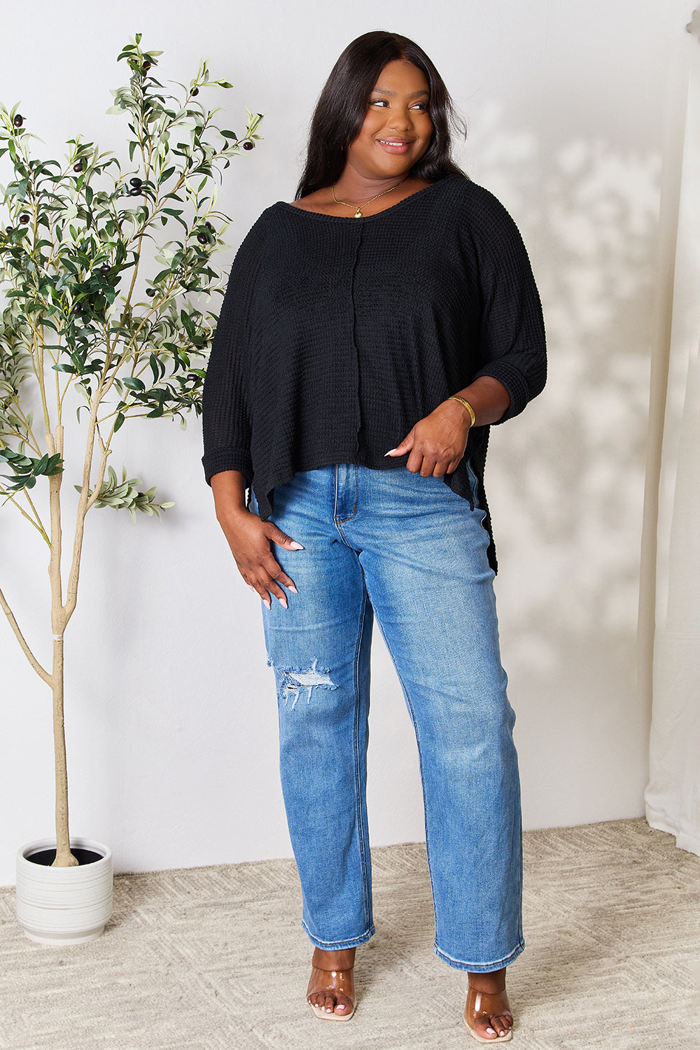 Zenana Full Size Round Neck High-Low Slit Knit Top Zenana Full Size Round Neck High-Low Slit Knit Top - TopFashionHQ