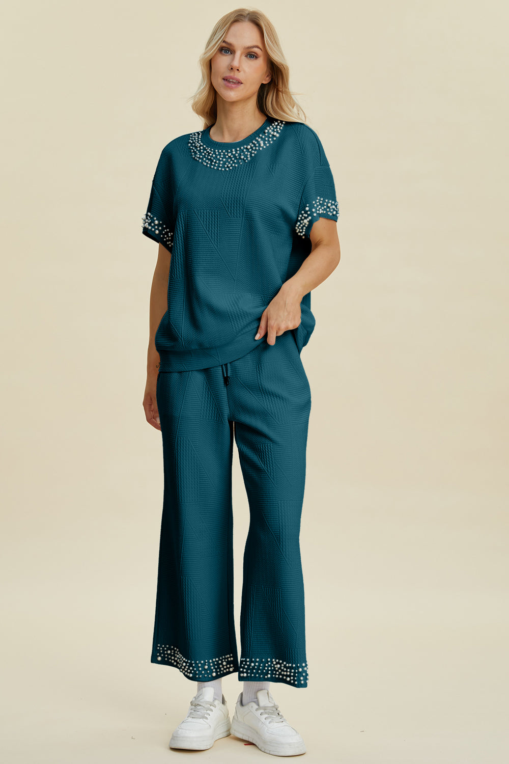Double Take Full Size Pearl Detail Round Neck Top and Pants Set Double Take Full Size Pearl Detail Round Neck Top and Pants Set