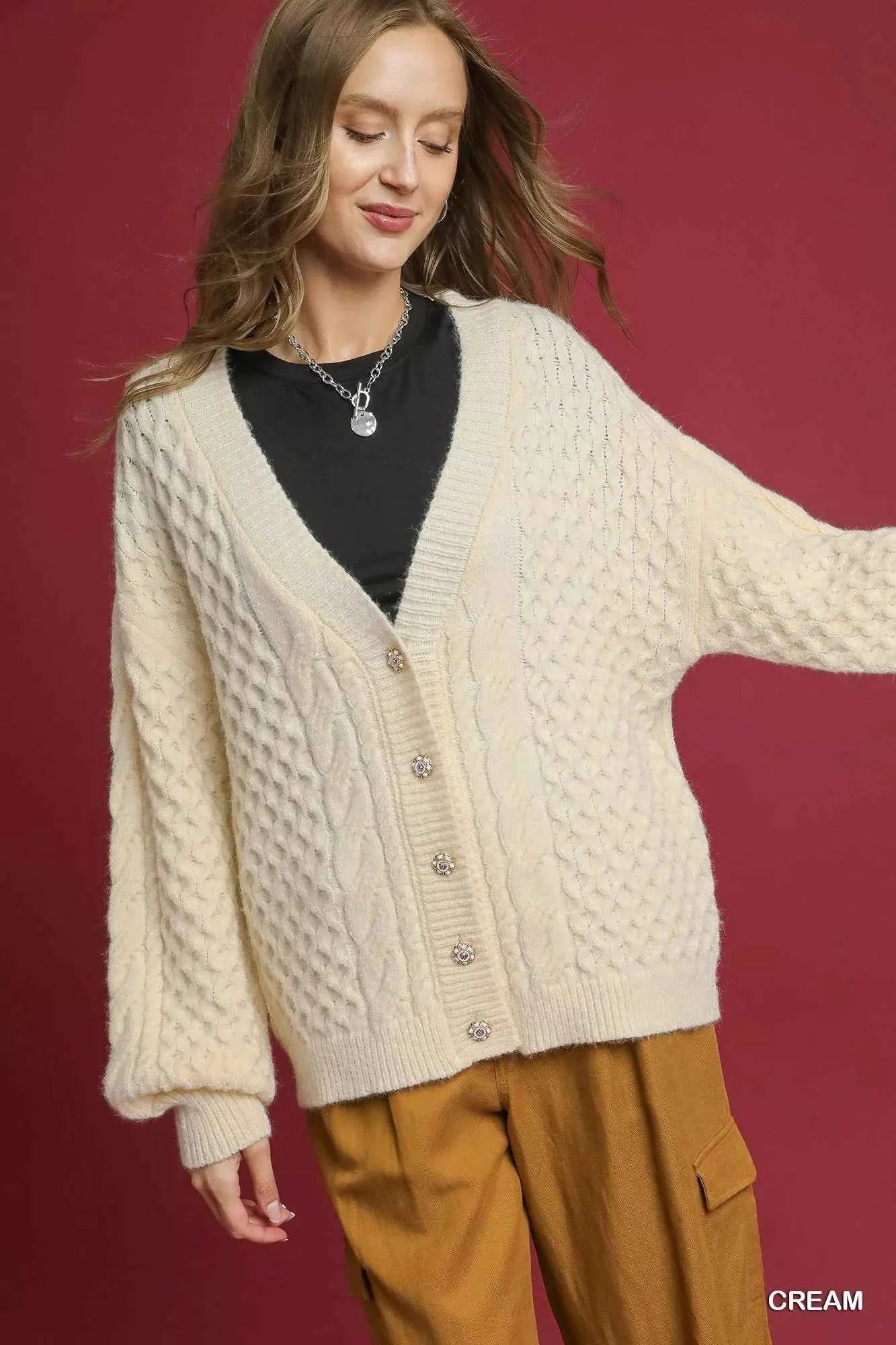 Umgee Cable Knit Pearl Button Cardigan Umgee Cable Knit Pearl Button Cardigan