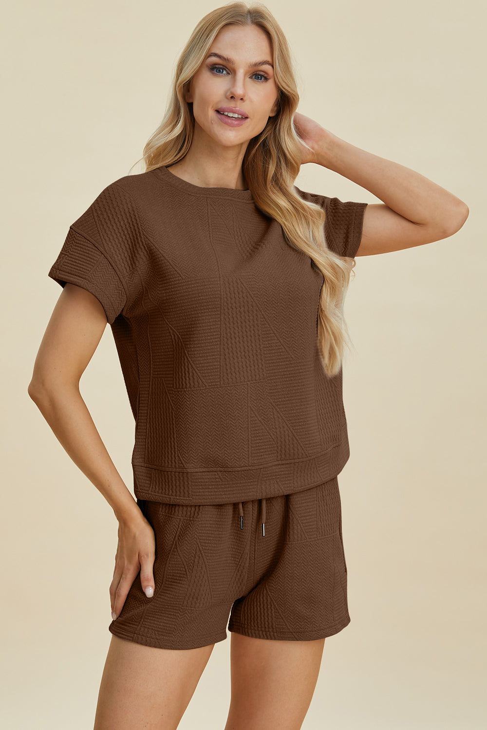 Double Take Full Size Texture Short Sleeve Top and Shorts Set Double Take Full Size Texture Short Sleeve Top and Shorts Set