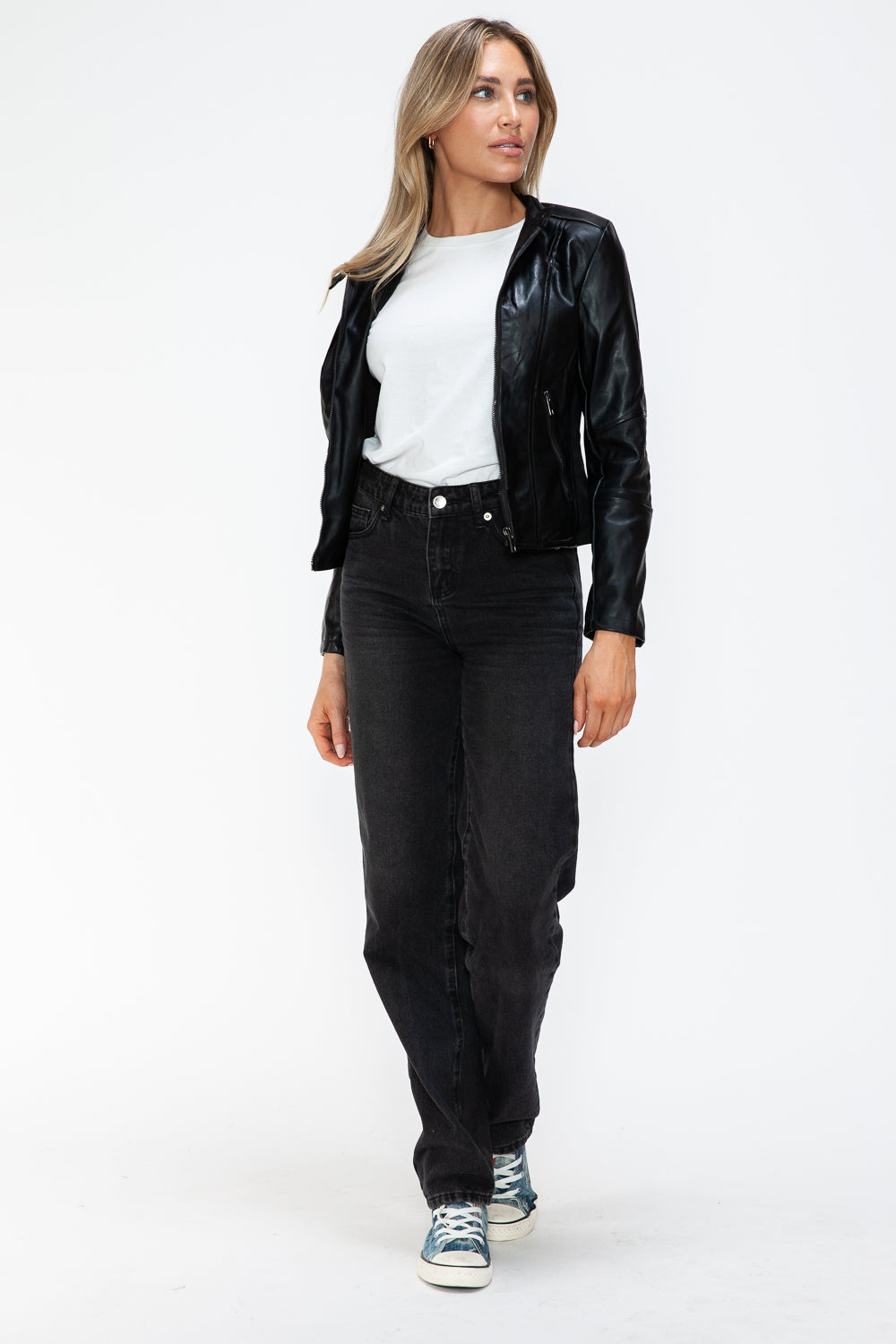 Snobbish Faux Leather Zip Up Drawstring Hooded Jacket Snobbish Faux Leather Zip Up Drawstring Hooded Jacket - TopFashionHQ