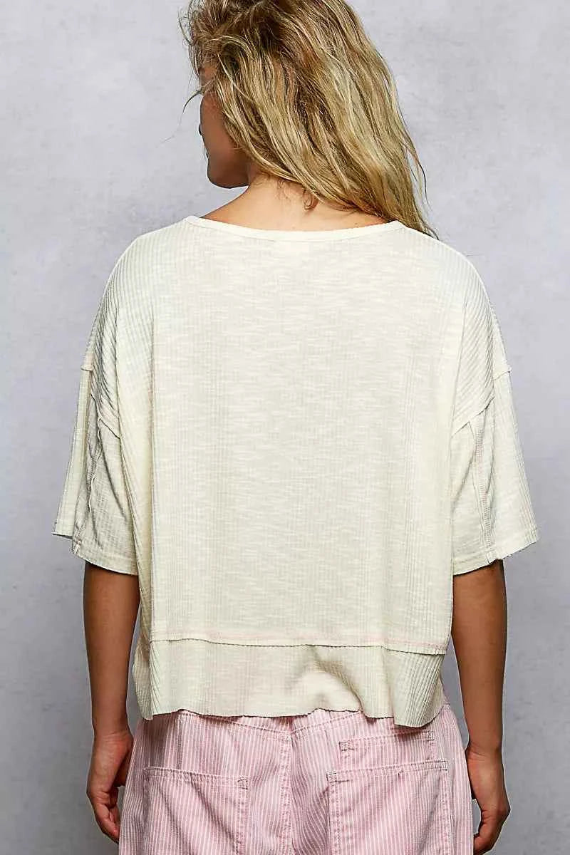 POL Short Sleeve Ccopped Rib T-Shirt with Contrast Stitch Detail POL Short Sleeve Ccopped Rib T-Shirt with Contrast Stitch Detail