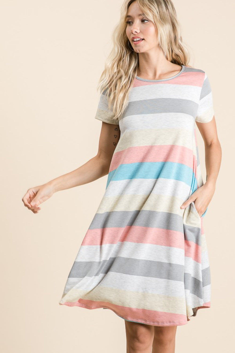 BOMBOM Striped Short Sleeve Dress with Pockets BOMBOM Striped Short Sleeve Dress with Pockets - TopFashionHQ