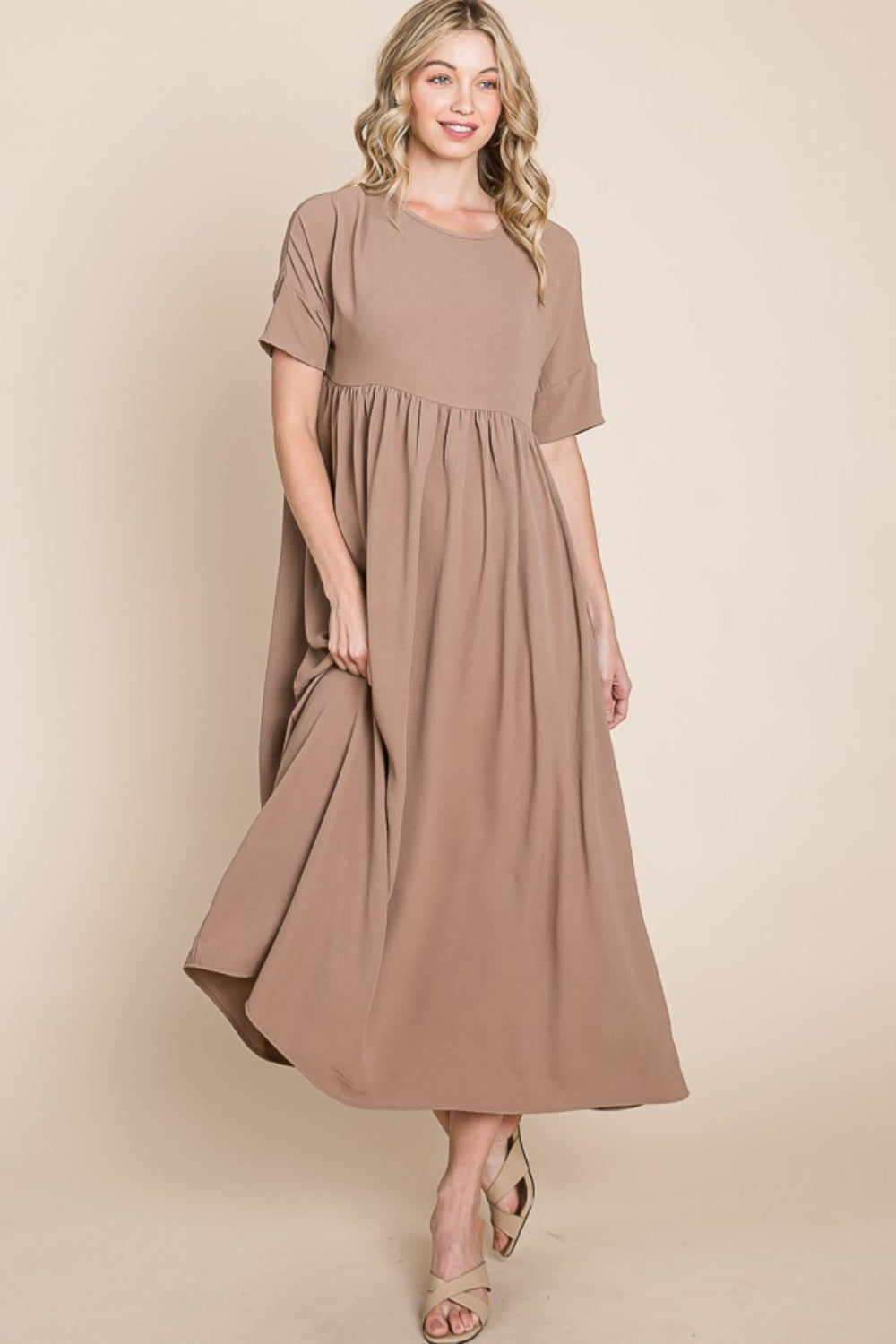 BOMBOM Round Neck Ruched Midi Dress BOMBOM Round Neck Ruched Midi Dress - TopFashionHQ