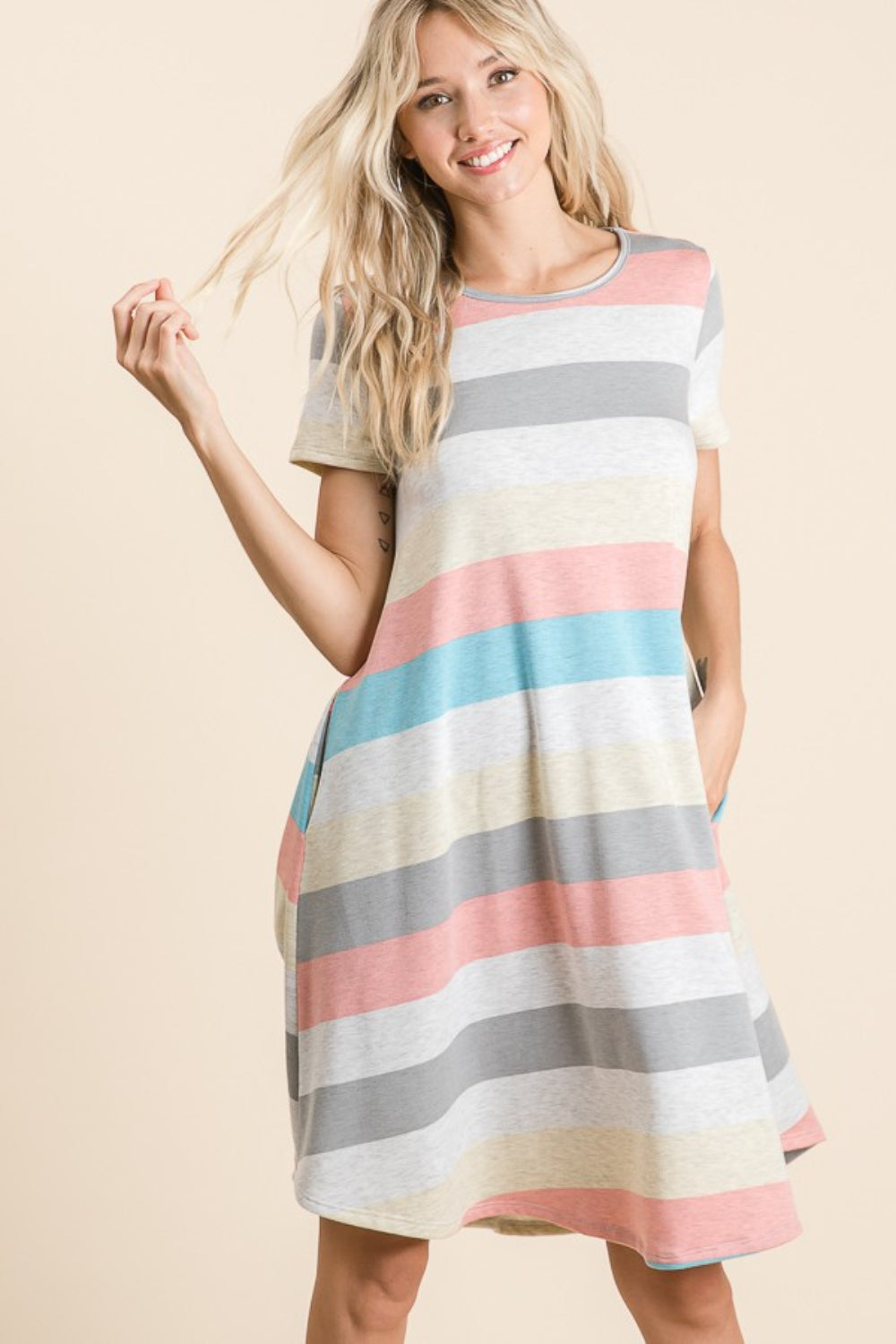 BOMBOM Striped Short Sleeve Dress with Pockets BOMBOM Striped Short Sleeve Dress with Pockets - TopFashionHQ