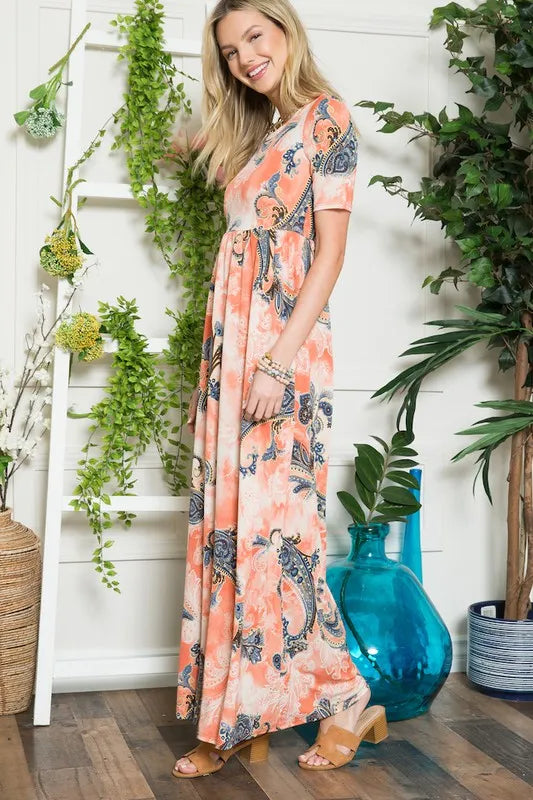 Celeste Paisley Print Short Sleeve Maxi Dress with Pockets 775d311b-ba41-4afe-9fcf-29215d574c11-Max