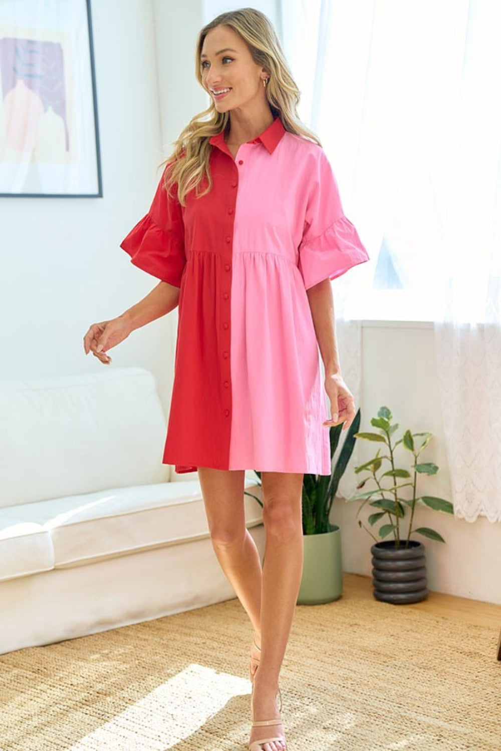 First Love Full Size Color Blocked Button Down Babydoll Dress First Love Full Size Color Blocked Button Down Babydoll Dress - TopFashionHQ