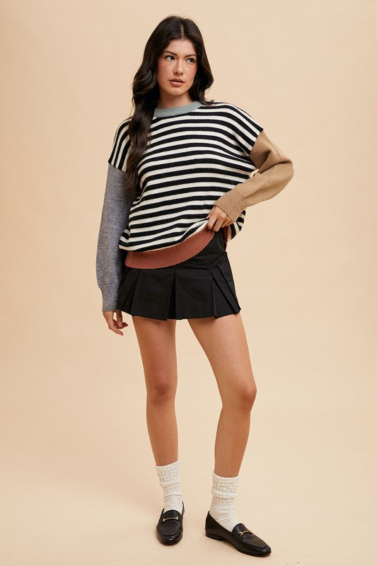 Annie Wear Striped Color Block Round Neck Sweater Annie Wear Striped Color Block Round Neck Sweater