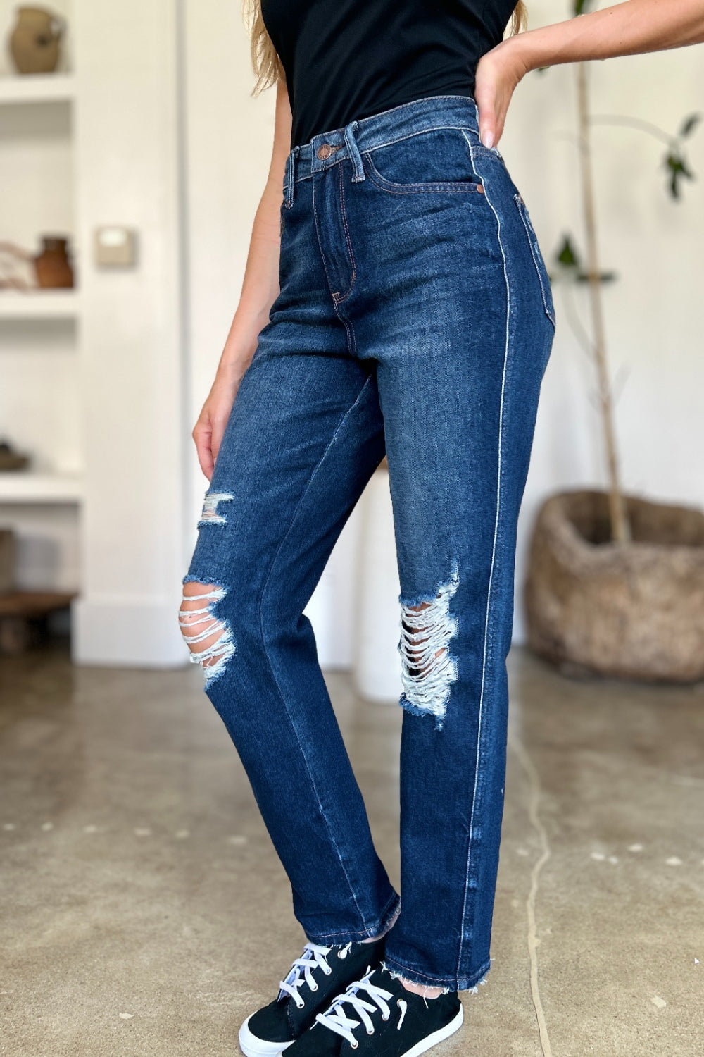 Judy Blue Full Size High Waist Rigid Magic Heavy Destroy Straight Jeans Judy Blue Full Size High Waist Rigid Magic Heavy Destroy Straight Jeans - TopFashionHQ