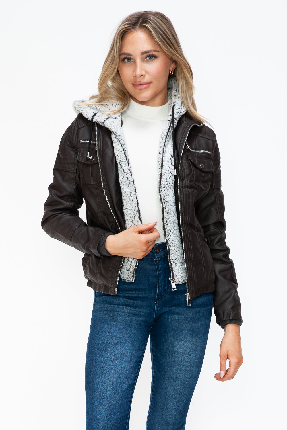 YMI Removable Faux Layered Multi-Pocket Jacket with Fuzzy Hood YMI Removable Faux Layered Multi-Pocket Jacket with Fuzzy Hood - TopFashionHQ