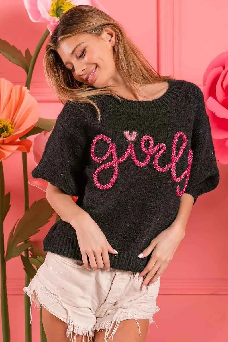 BiBi Metallic Letter Short Puff Sleeve Hairy Sweater BiBi Metallic Letter Short Puff Sleeve Hairy Sweater