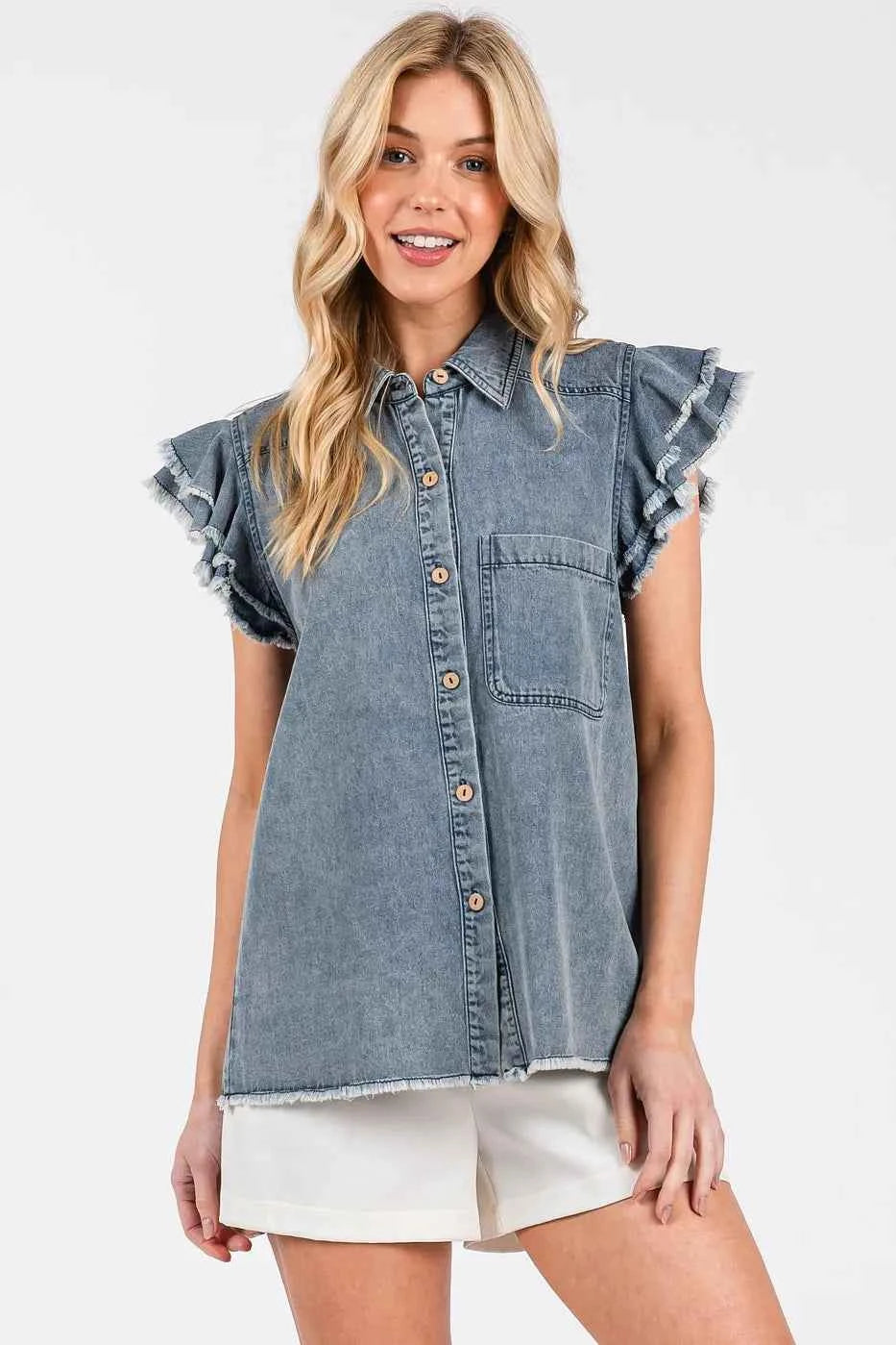 Mittoshop Washed Denim Ruffle Short Sleeve Collared Shirt Mittoshop Washed Denim Ruffle Short Sleeve Collared Shirt