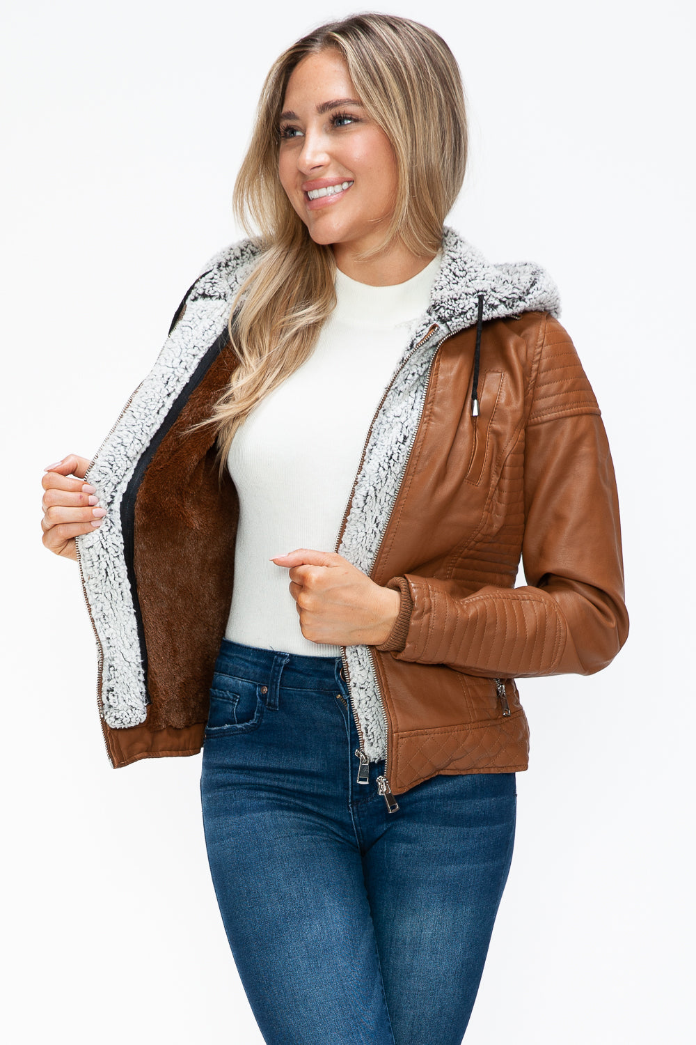 YMI Faux Layered Double-Zipper Jacket with Fuzzy Hood YMI Faux Layered Double-Zipper Jacket with Fuzzy Hood - TopFashionHQ