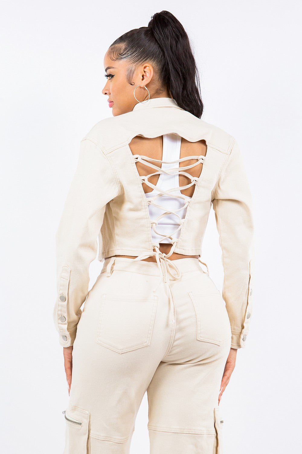 American Bazi Laced Back Cropped Jacket American Bazi Laced Back Cropped Jacket - TopFashionHQ