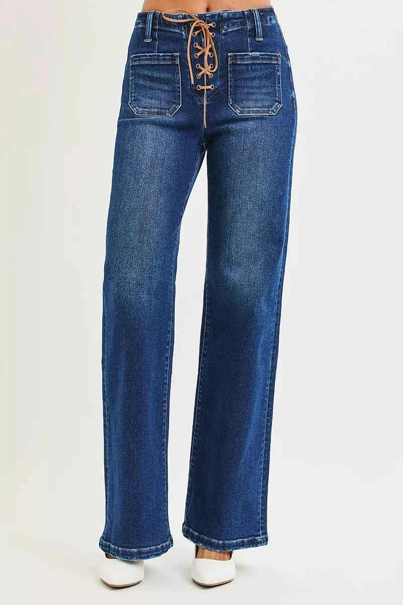 RISEN Full Size High Rise Wide Leg Jeans with Front Tie Detail Plus Size RISEN Full Size High Rise Wide Leg Jeans with Front Tie Detail Plus Size