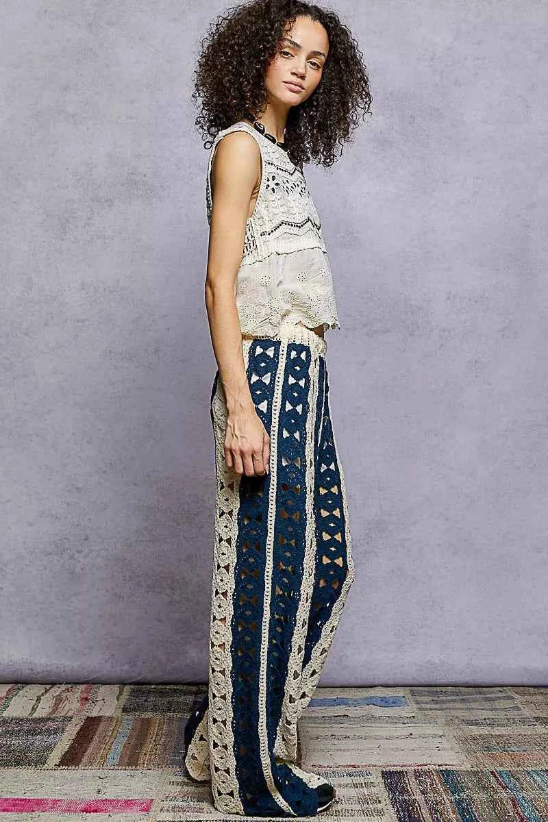 POL Openwork Wide Leg Pants with Stripe Detail POL Openwork Wide Leg Pants with Stripe Detail