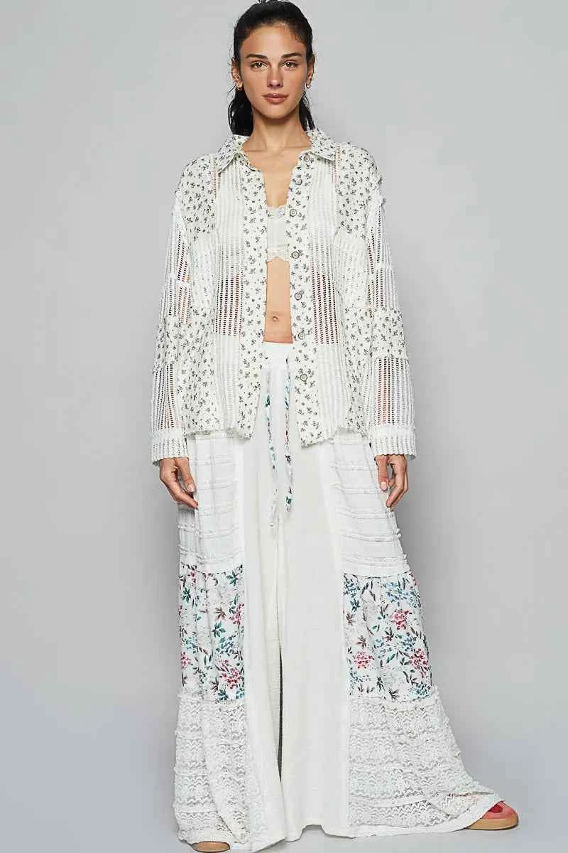 POL Floral Crochet Patchwork Long Sleeve Shirt POL Floral Crochet Patchwork Long Sleeve Shirt