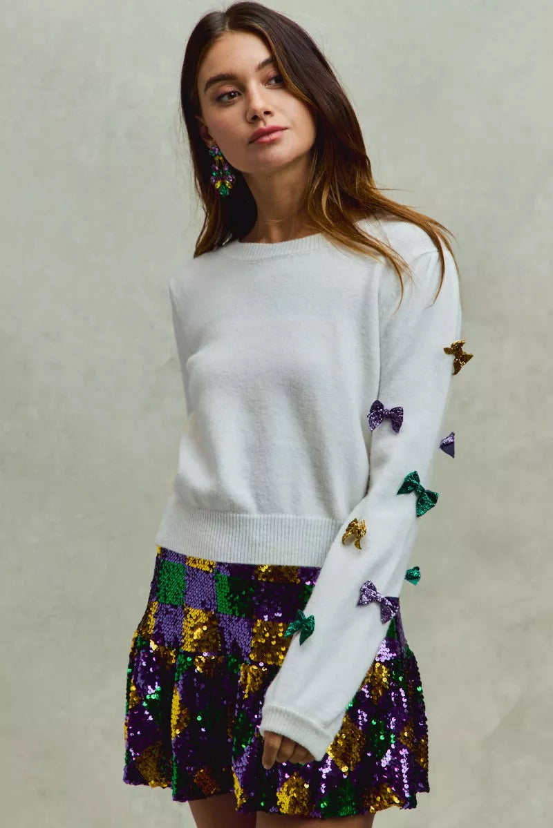 SO ME Mardi Gras Glitter Bow Ribbon Sweater Knit Top 77fc006014fb4eed969c080d9506b5b1-Max-Origin