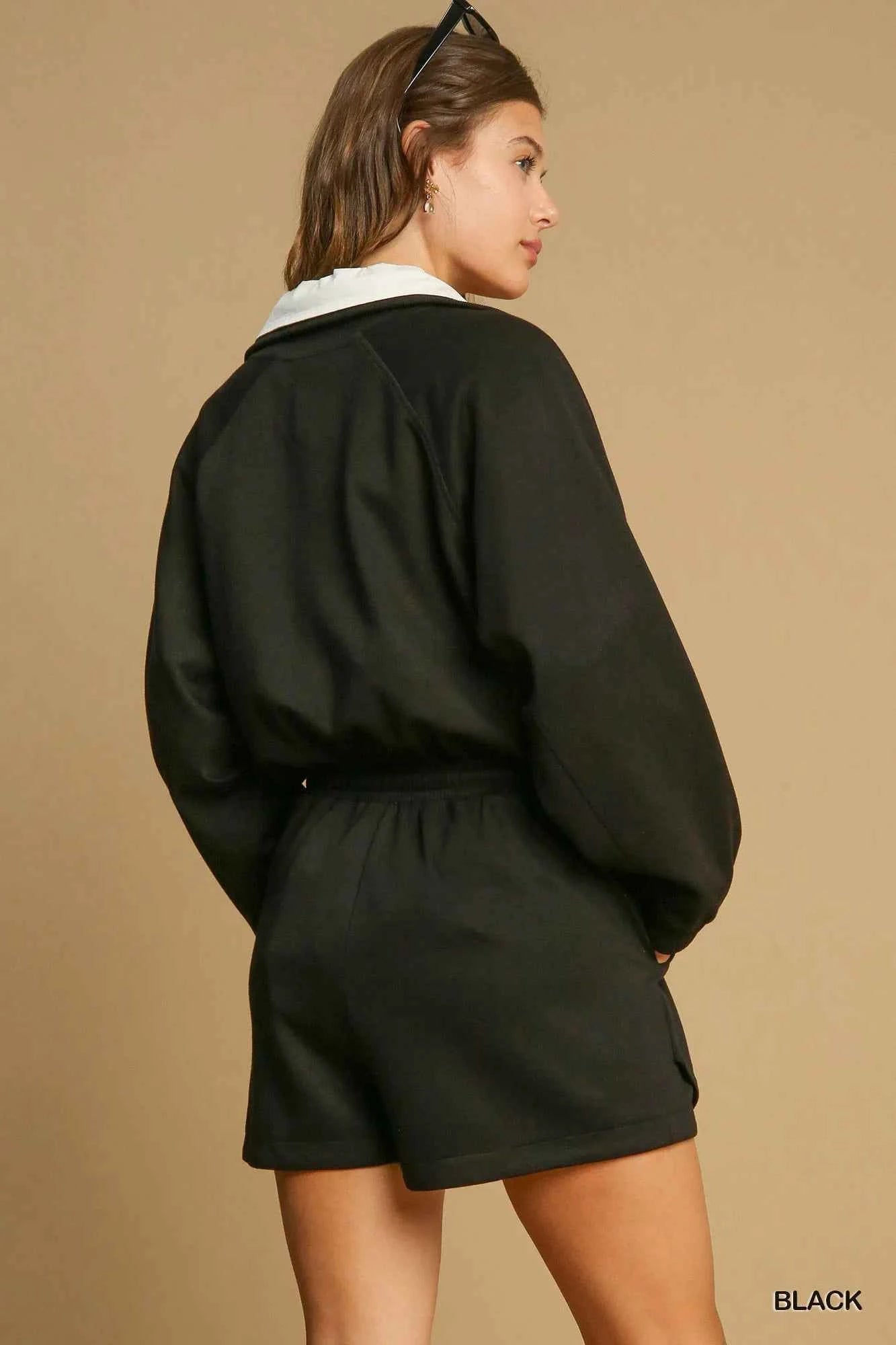 Umgee Half Zip Romper with Drawstring Waist Umgee Half Zip Romper with Drawstring Waist