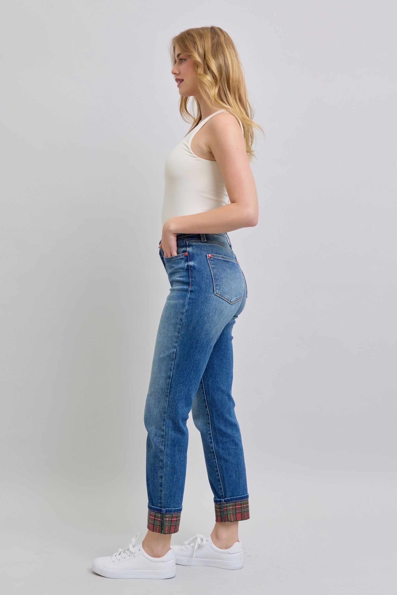 Judy Blue Full Size Plaid Print Cuff Straight Leg Jeans with Pockets Judy Blue Full Size Plaid Print Cuff Straight Leg Jeans with Pockets - TopFashionHQ