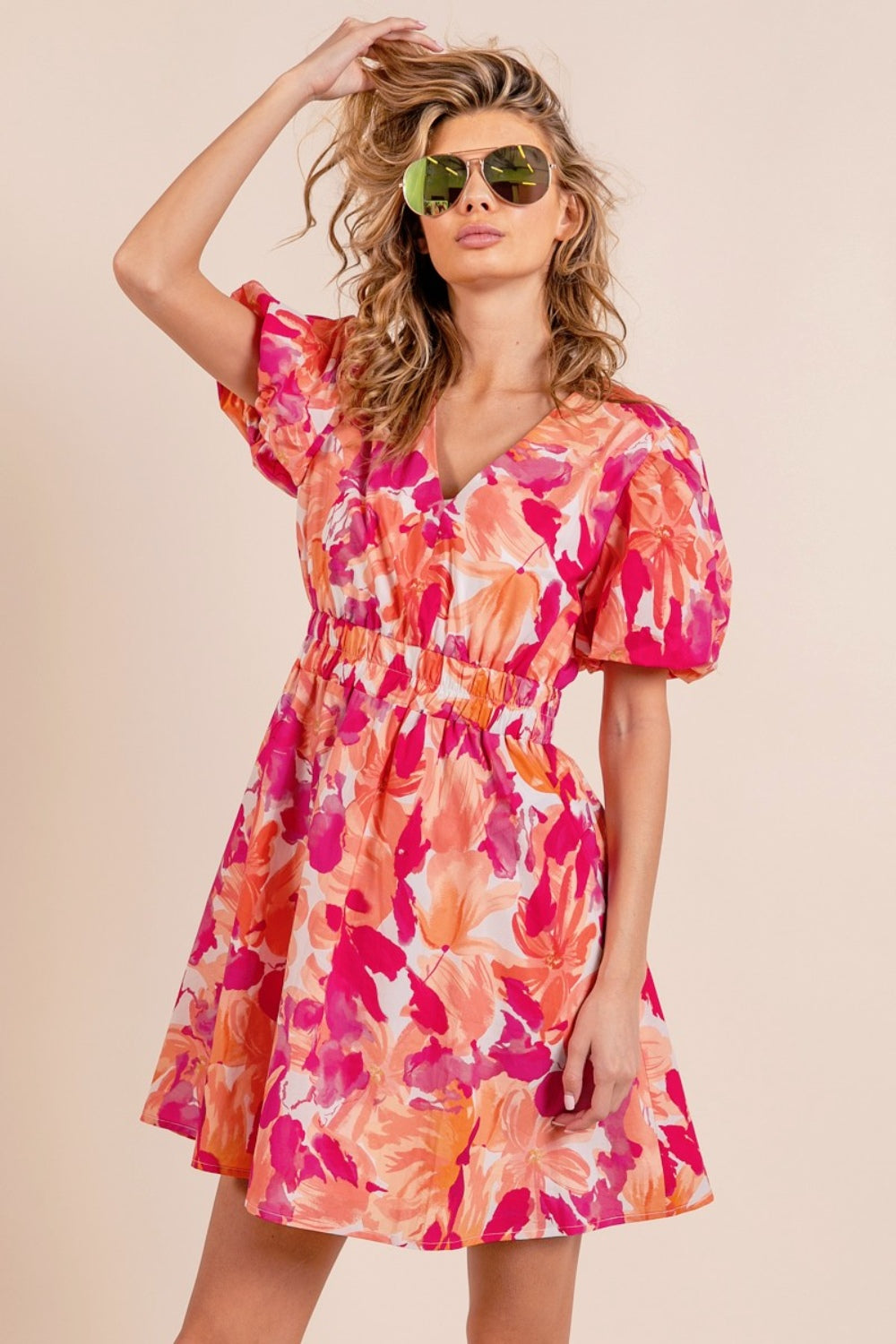 BiBi Floral V-Neck Puff Sleeve Mini Dress BiBi Floral V-Neck Puff Sleeve Mini Dress - TopFashionHQ