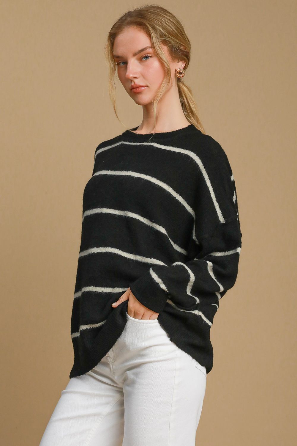 Umgee Wool Blend Striped Round Neck Sweater Umgee Wool Blend Striped Round Neck Sweater - TopFashionHQ