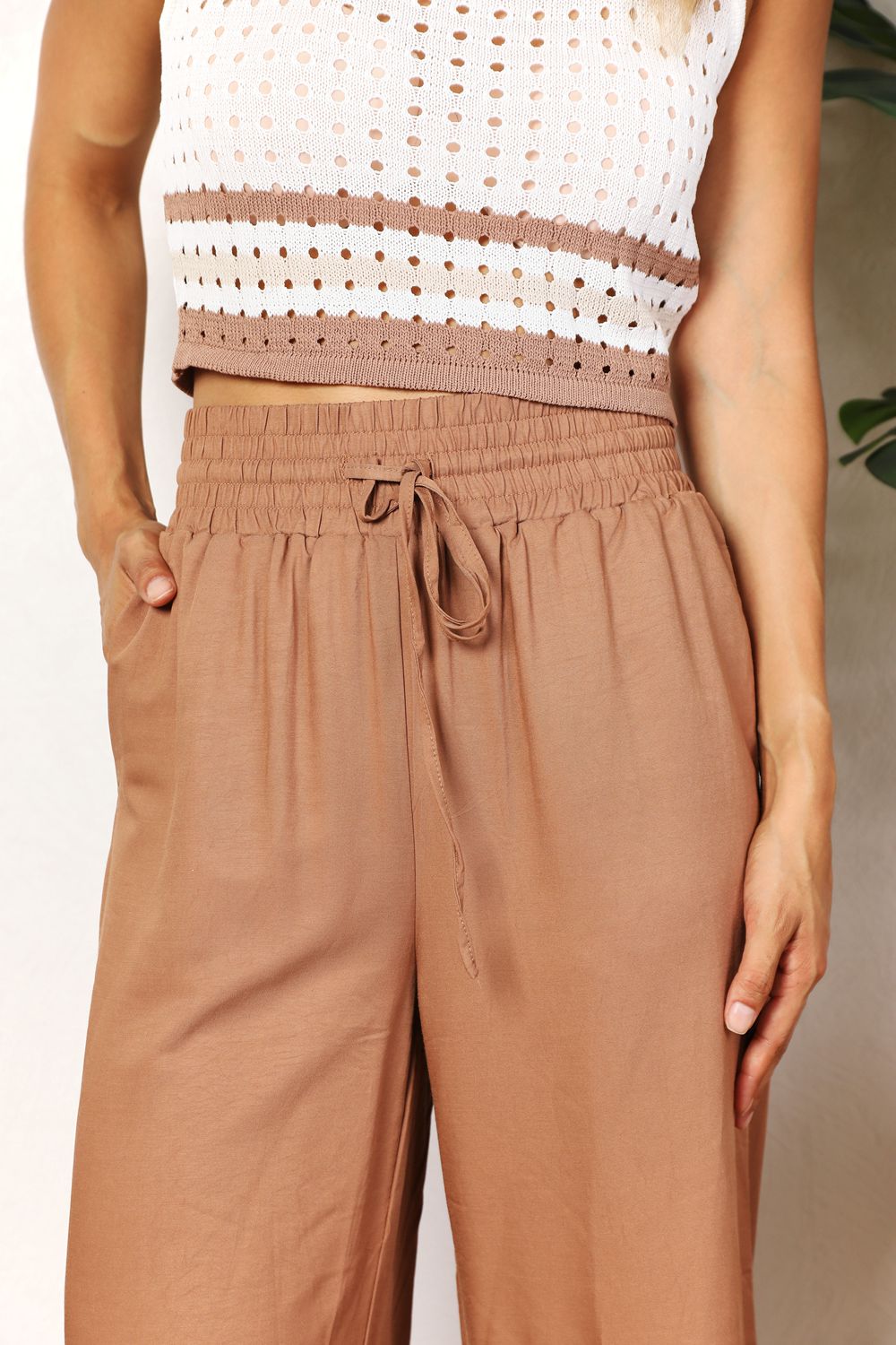 Double Take Drawstring Smocked Waist Wide Leg Pants Double Take Drawstring Smocked Waist Wide Leg Pants - TopFashionHQ
