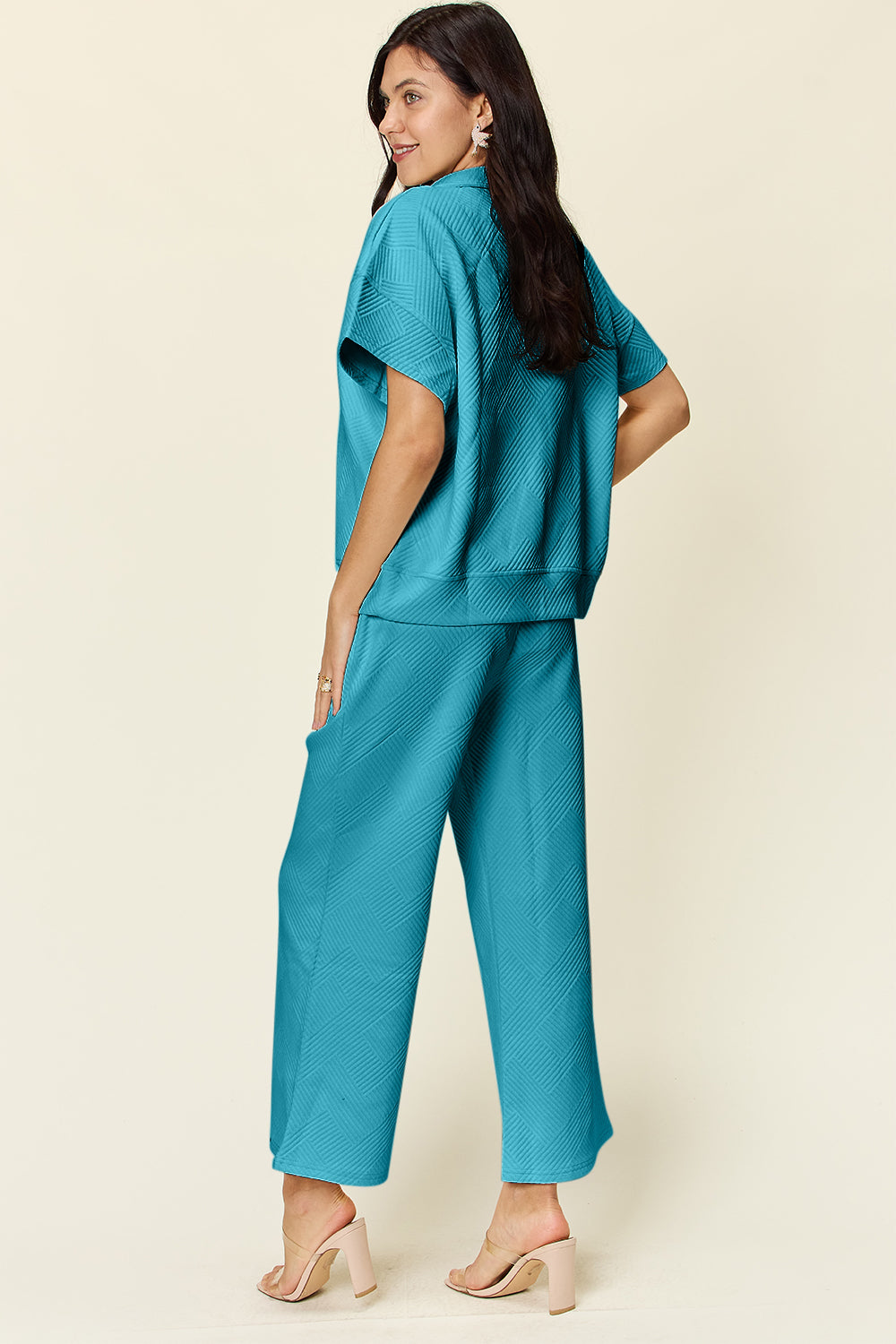Double Take Full Size Texture Half Zip Short Sleeve Top and Pants Set Double Take Full Size Texture Half Zip Short Sleeve Top and Pants Set