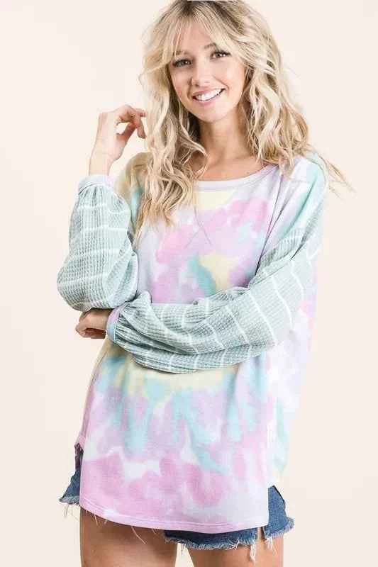 BiBi Tie Dye Terry Top with Wide Stripe Thermal Waffle BiBi Tie Dye Terry Top with Wide Stripe Thermal Waffle
