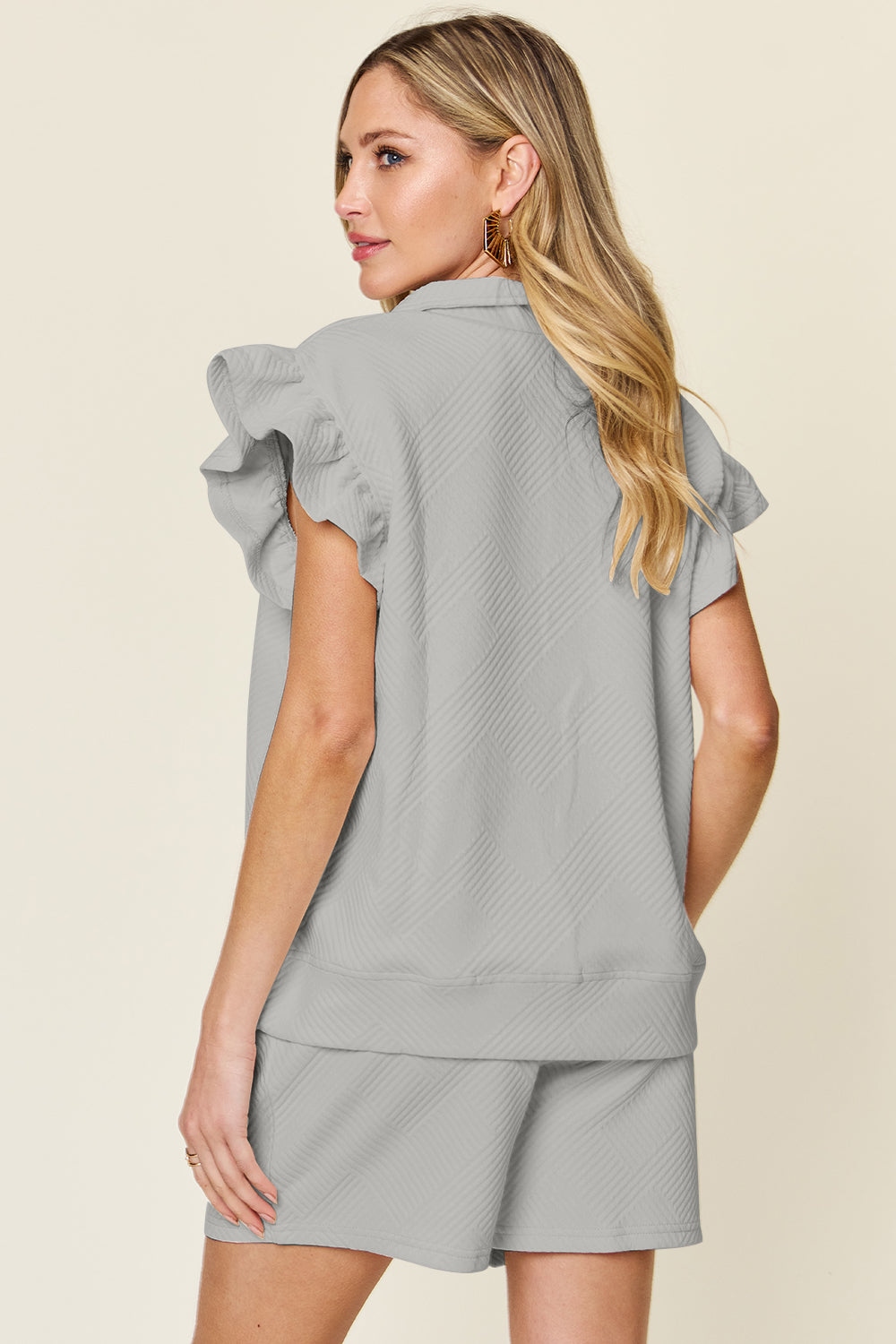 Double Take Full Size Texture Flounce Sleeve Top and Drawstring Shorts Set Double Take Full Size Texture Flounce Sleeve Top and Drawstring Shorts Set