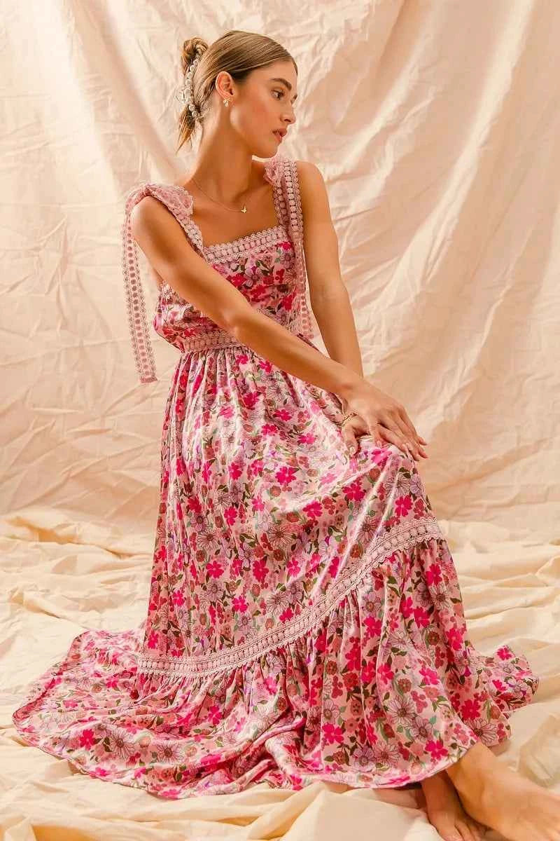 SO ME Floral Maxi Dress With Ribbon Tie Lace Strap SO ME Floral Maxi Dress With Ribbon Tie Lace Strap