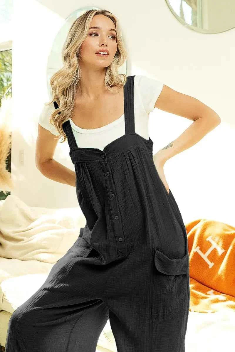 BiBi Gauze Buttoned Up Overall Jumpsuit with Pockets BiBi Gauze Buttoned Up Overall Jumpsuit with Pockets