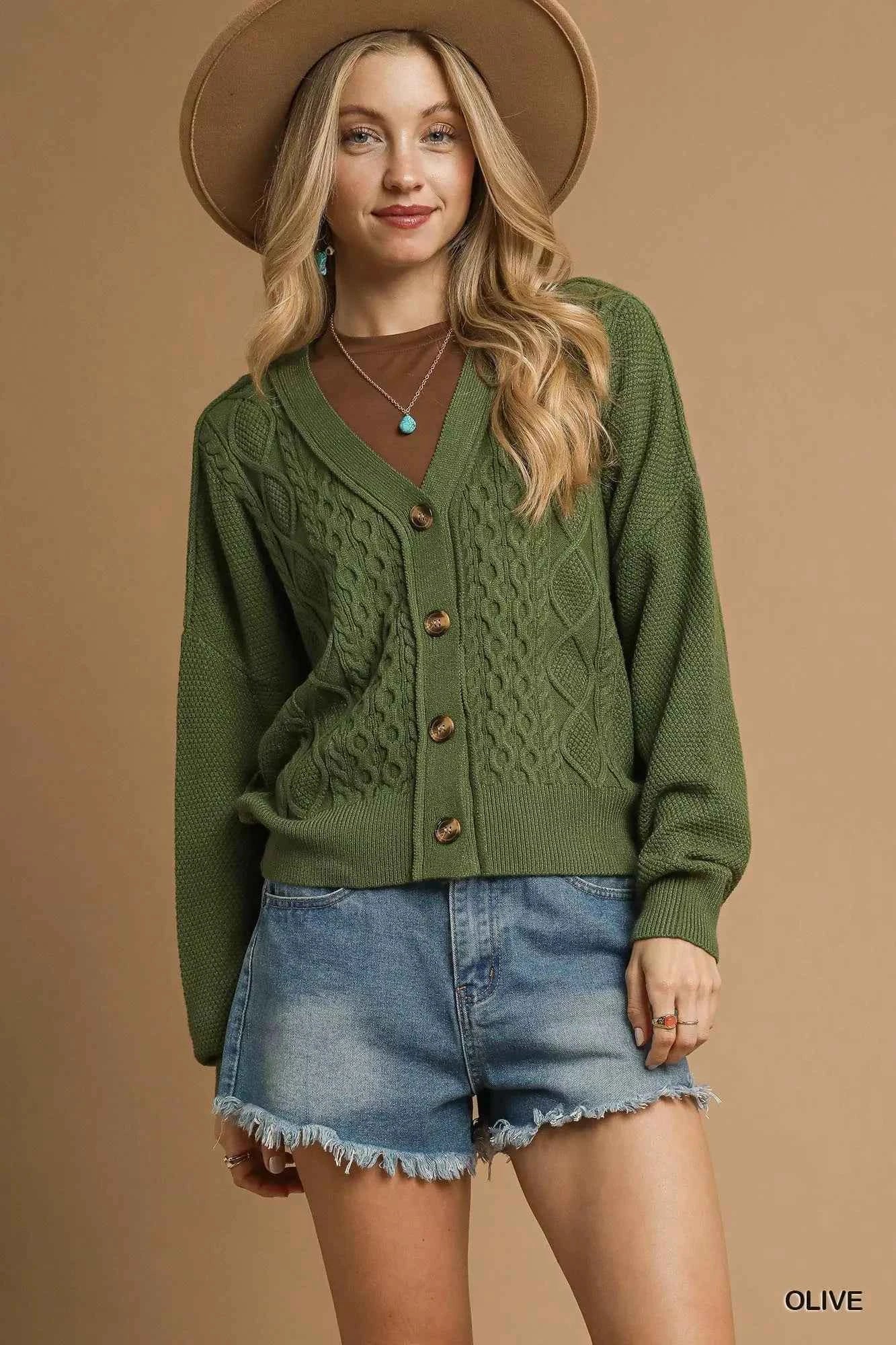 Umgee Chunky Cable Knit V-Neck Button-Up Cardigan Umgee Chunky Cable Knit V-Neck Button-Up Cardigan