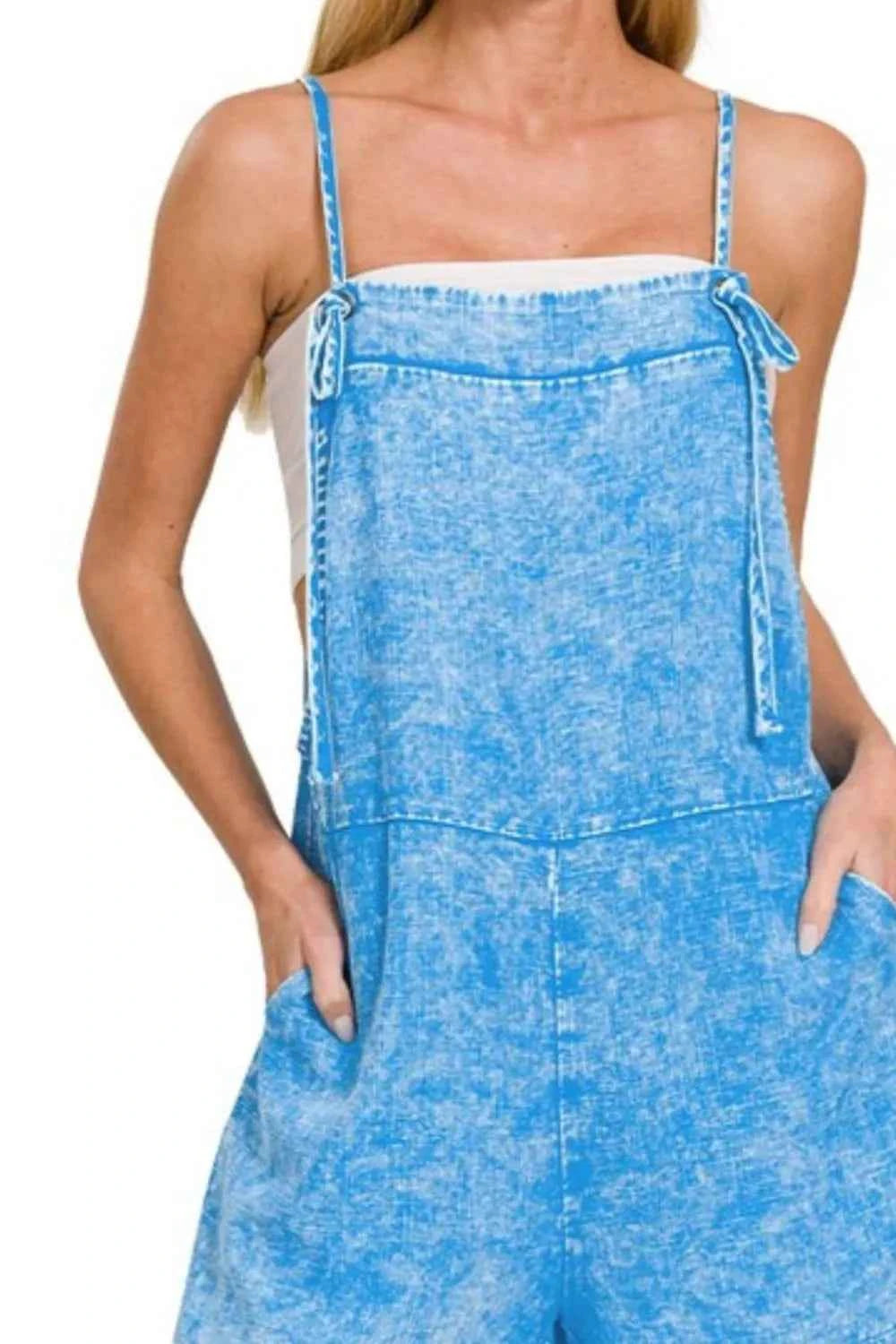 Zenana Washed Linen Knot Strap Rompers Zenana Washed Linen Knot Strap Rompers