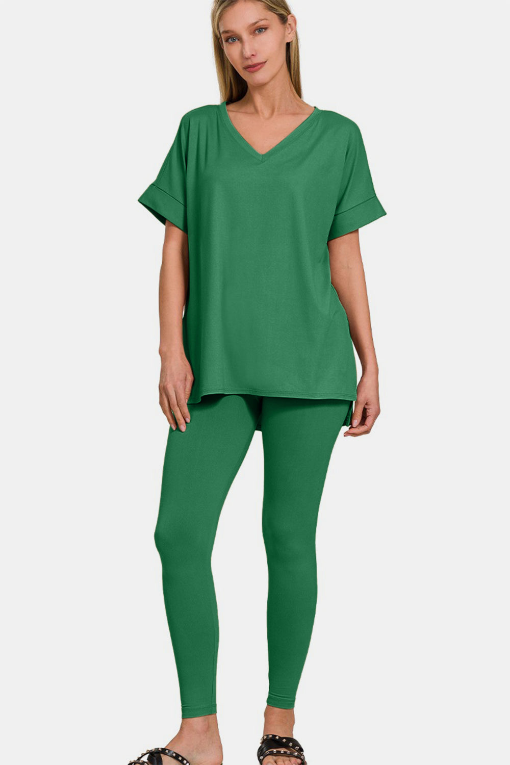 Zenana Full Size V-Neck Rolled Short Sleeve T-Shirt and Leggings Lounge Set Zenana Full Size V-Neck Rolled Short Sleeve T-Shirt and Leggings Lounge Set