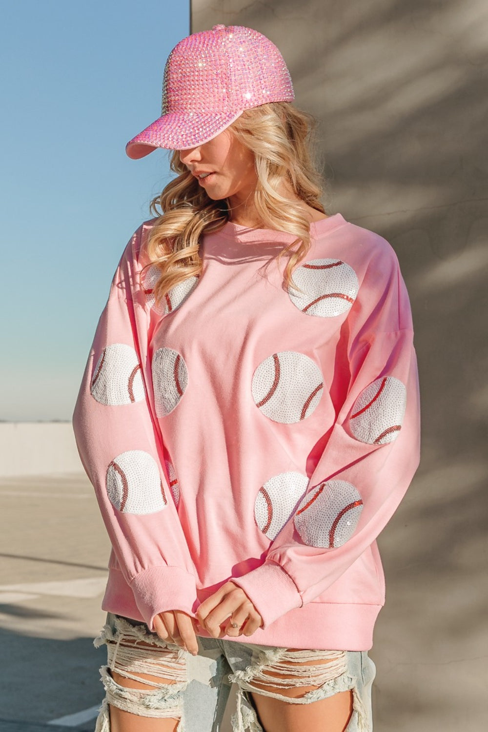 BiBi Sequin Baseball Patches French Terry Sweatshirt BiBi Sequin Baseball Patches French Terry Sweatshirt - TopFashionHQ