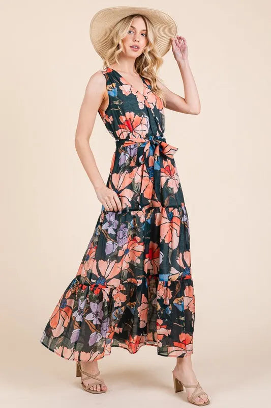 Lime 'N' Chili Floral Print Sleeveless Tie Waist Maxi Dress 7929ad8a5b4743e98e5951b94a8bcb11-Max-Origin