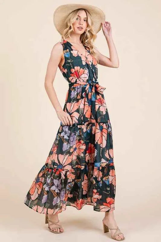 Lime 'N' Chili Floral Print Sleeveless Tie Waist Maxi Dress Lime 'N' Chili Floral Print Sleeveless Tie Waist Maxi Dress