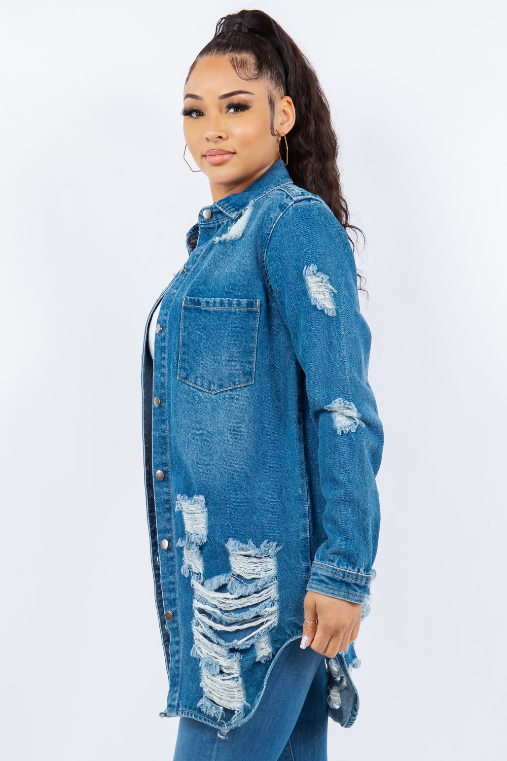 American Bazi Distressed Button Up Long Sleeve Denim Jacket American Bazi Distressed Button Up Long Sleeve Denim Jacket