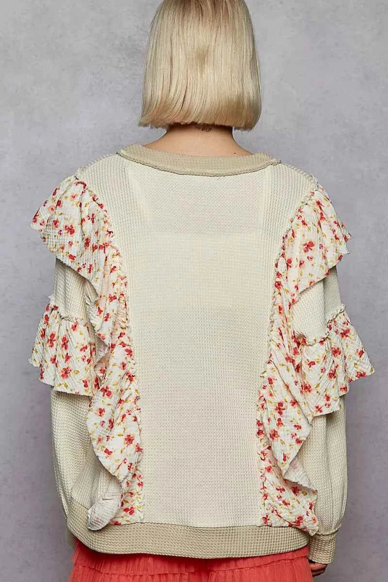 POL Round Neck Sweater with Floral Ruffle Detail POL Round Neck Sweater with Floral Ruffle Detail