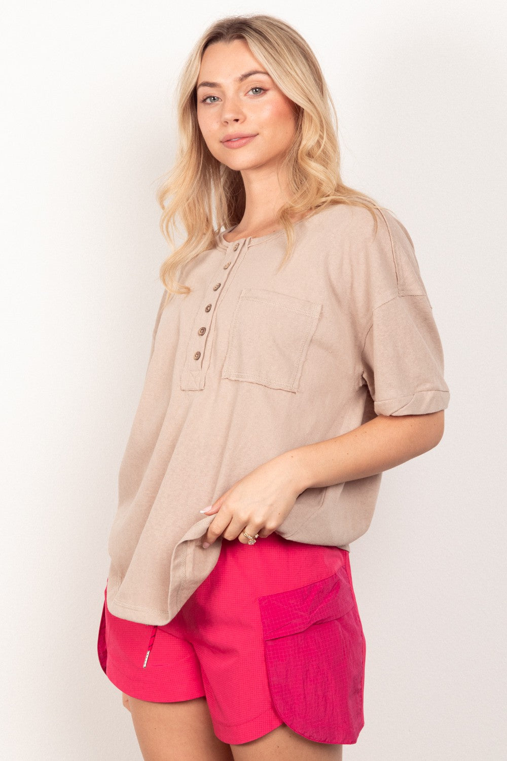 VERY J Twisted Sleeve Band Half Button Top VERY J Twisted Sleeve Band Half Button Top - TopFashionHQ