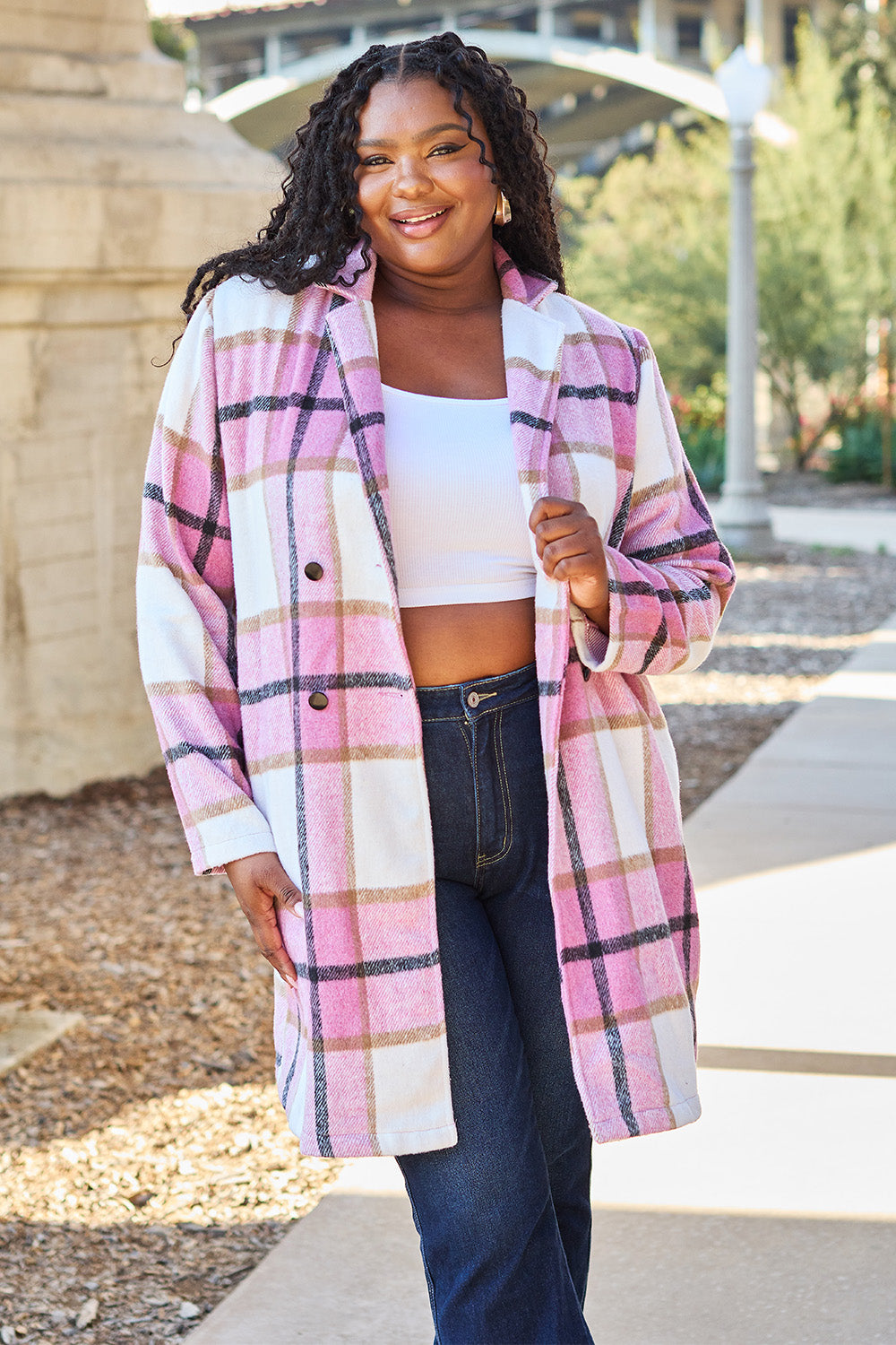 Double Take Full Size Plaid Button Up Lapel Collar Coat Double Take Full Size Plaid Button Up Lapel Collar Coat - TopFashionHQ