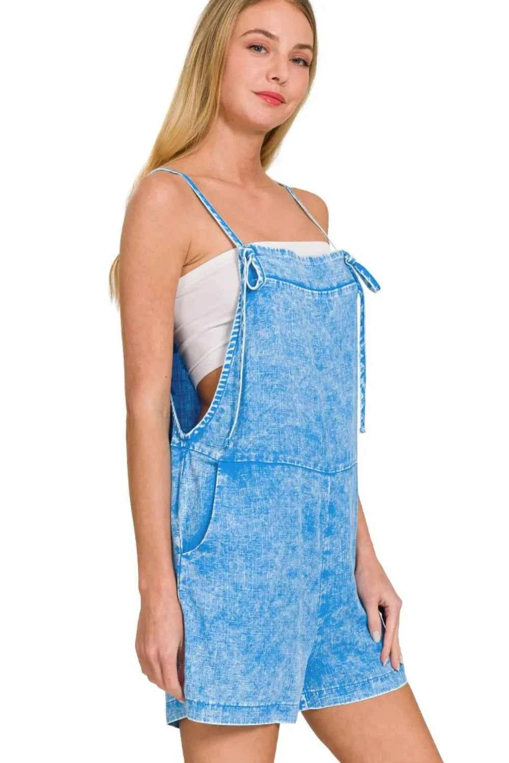 Zenana Washed Linen Knot Strap Rompers Zenana Washed Linen Knot Strap Rompers